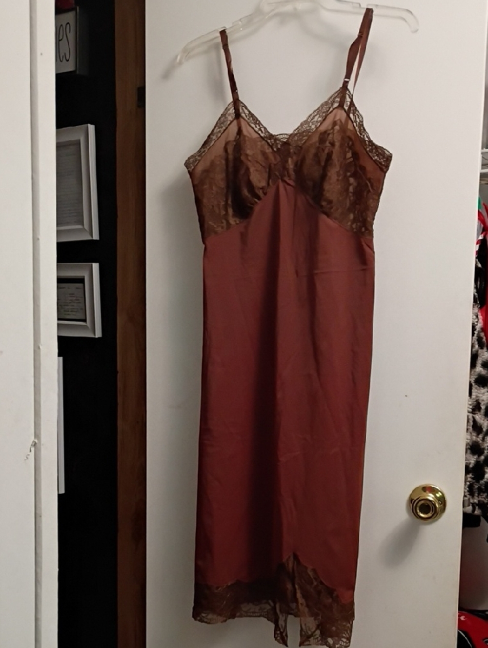 Vintage Satin Lace-Trim Chemise Slip in Brown